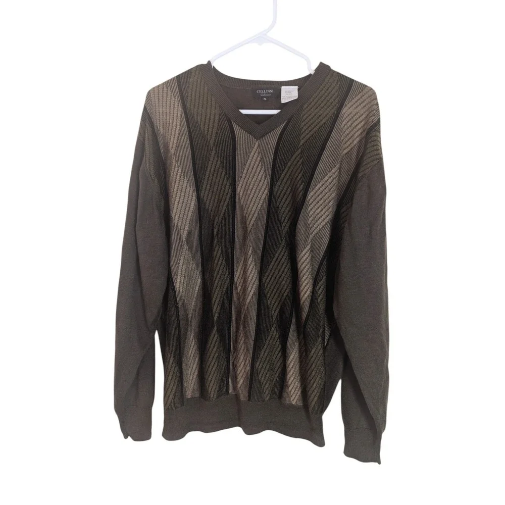 Cellini Collezione Sweater Men's XL Wool Blend Argyle pattern ‎ Green/Tan